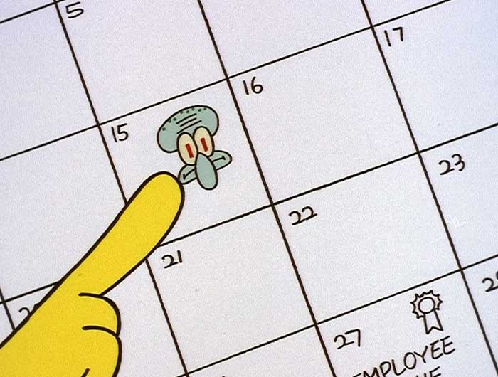 SpongeBob pointing at Squidward's face marked on a calendar, showing an iconic SpongeBob quote moment.
