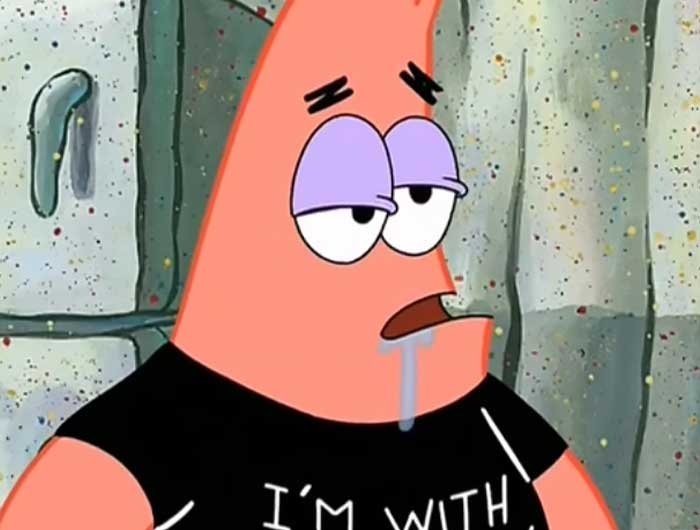 Patrick from SpongeBob drooling on himself with a blank expression, a classic moment from iconic SpongeBob quotes.