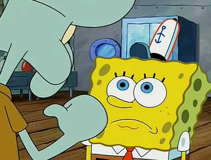 Squidward tells off SpongeBob as he looks disappointed, capturing a classic moment from iconic SpongeBob quotes.