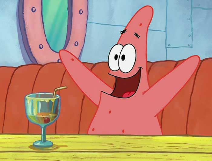Patrick from SpongeBob looking excited with a cocktail, capturing a moment from iconic SpongeBob quotes.
