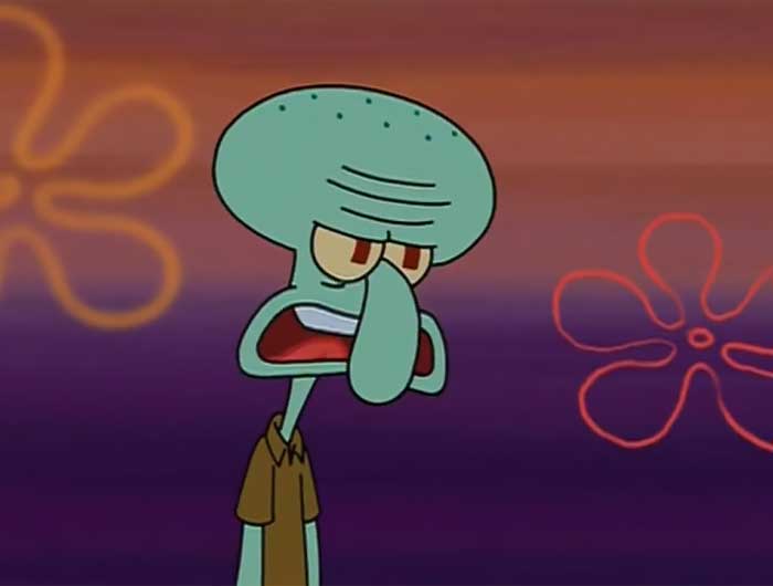 Squidward looking grumpy and talking in a dark underwater scene from iconic SpongeBob quotes collection.