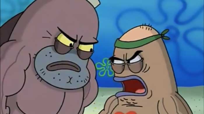 Two angry fish from SpongeBob SquarePants having a heated argument, illustrating iconic SpongeBob quotes.