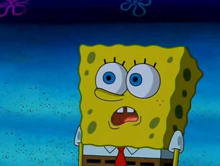 SpongeBob with an expressionless face, iconic SpongeBob quotes capturing his unique and memorable moments from the series.