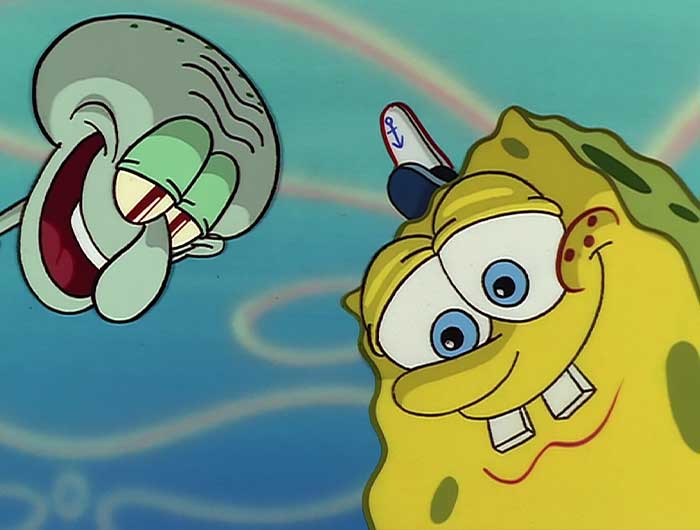Squidward and SpongeBob looking down menacingly underwater scene from iconic SpongeBob quotes moment.