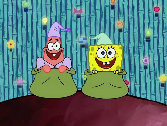 Patrick and SpongeBob in sleeping bags smiling happily, a joyful scene from iconic SpongeBob quotes moments.