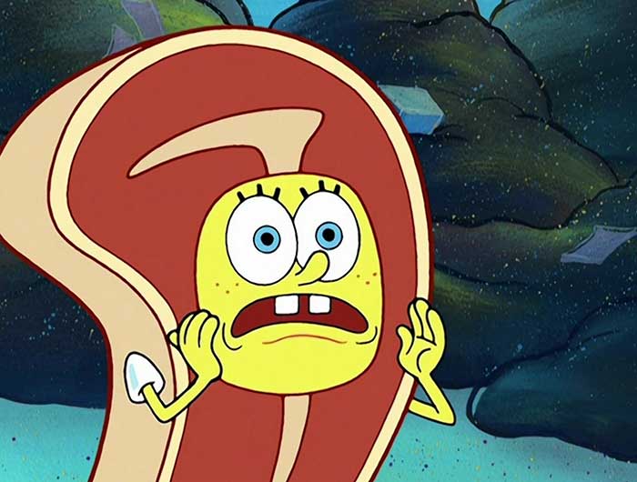 SpongeBob shouting in a beef steak costume, showcasing one of the most iconic SpongeBob quotes from the popular cartoon.