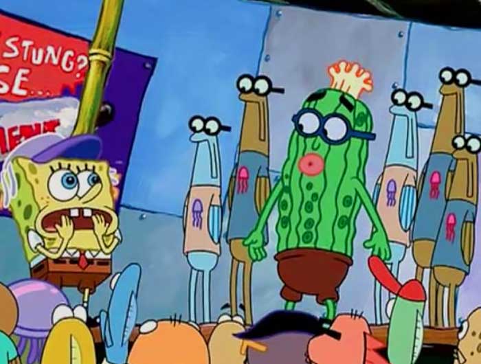 SpongeBob looking astonished at Kevin the cucumber character in a scene highlighting iconic SpongeBob quotes.