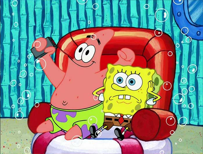 Patrick looking happy while SpongeBob appears overwhelmed sitting on a chair in iconic SpongeBob quotes scene.