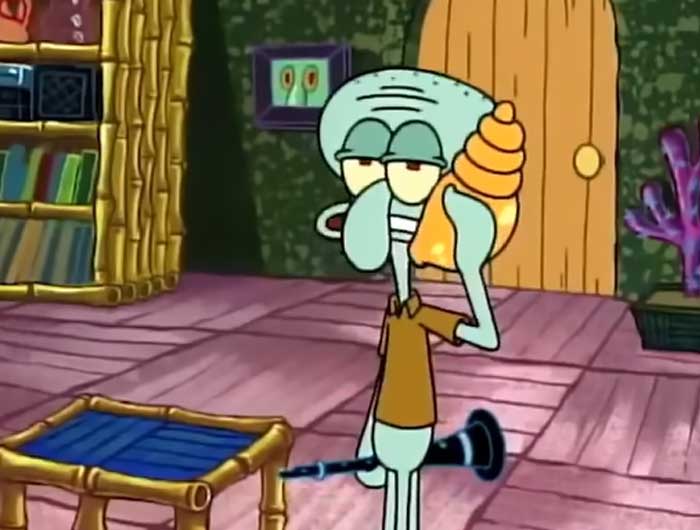 Squidward looking disinterested while answering a call in a scene related to iconic SpongeBob quotes.