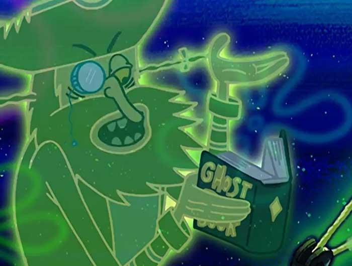 Flying Dutchman reading from a ghost book, showcasing one of the iconic SpongeBob quotes in a glowing underwater scene.