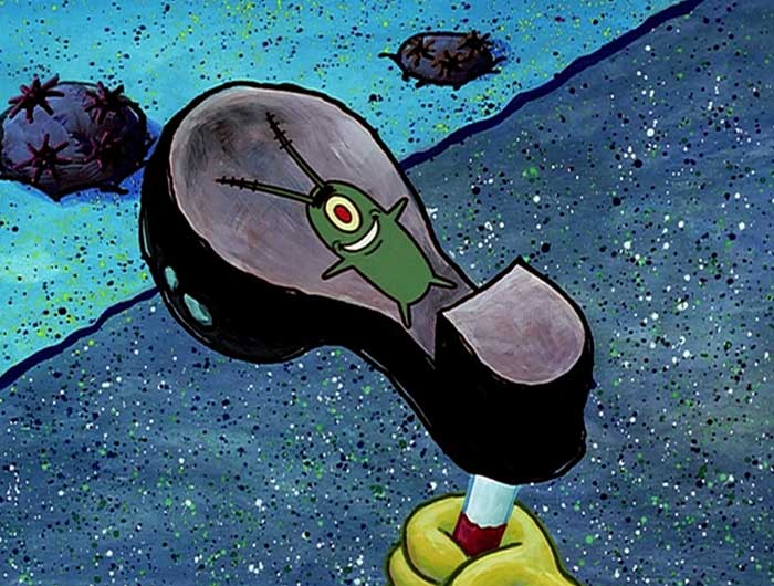 Plankton smiling while being squished under SpongeBob’s shoe in a scene from iconic SpongeBob quotes.