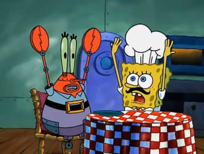 Chef SpongeBob and robot crab raising arms, calling out for ravioli in a scene from iconic SpongeBob quotes.