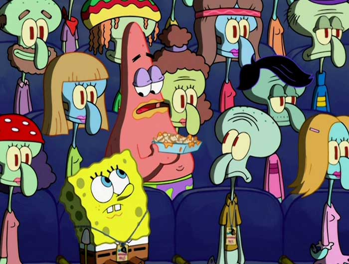 Patrick holding nachos with SpongeBob and multiple Squidwards in a crowd scene from iconic SpongeBob quotes.