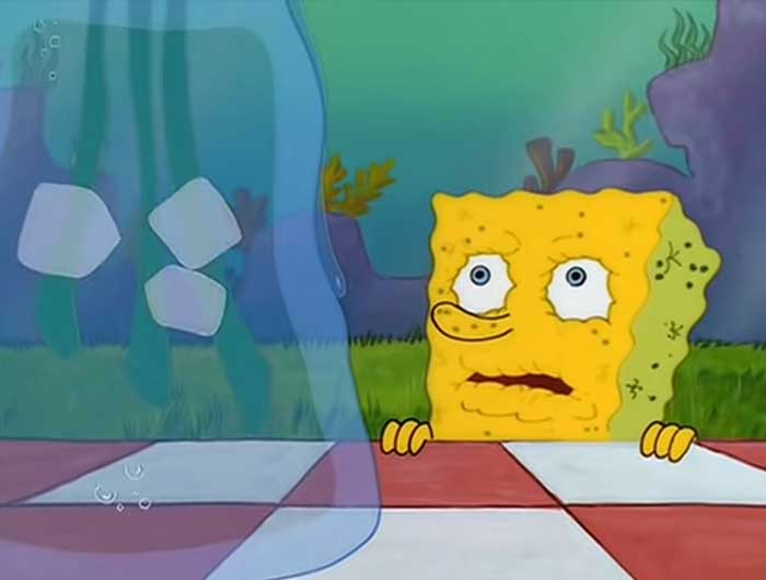 SpongeBob looking dried out and tired while staring at a nearly empty water jar in an iconic SpongeBob quotes scene