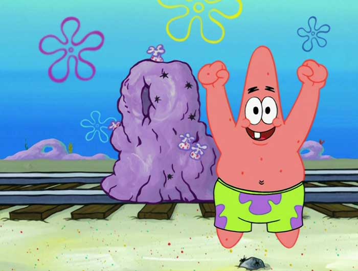 Patrick Star excited with arms raised, related to iconic SpongeBob quotes from the popular animated series.