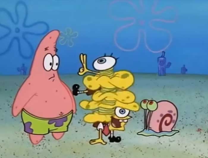 SpongeBob tangled up with Patrick and Gary looking confused, capturing iconic SpongeBob quotes moment from the show.