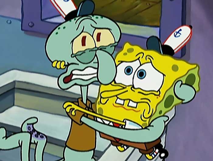 SpongeBob and Squidward embracing with terrified expressions in a scene from iconic SpongeBob quotes.
