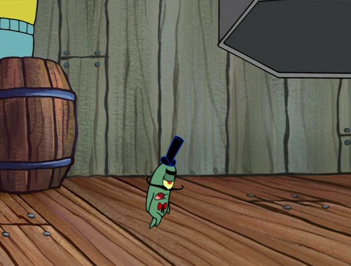 Plankton looking defeated and done inside a wooden room, a memorable moment from iconic SpongeBob quotes.