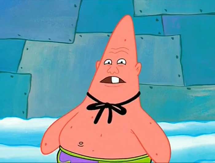 Patrick Star with a cone-shaped head wearing a bow, a memorable character from iconic SpongeBob quotes.