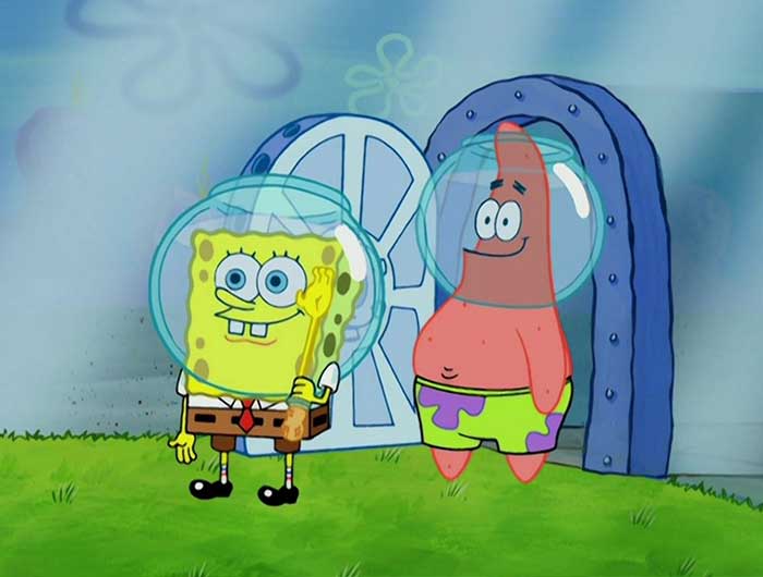 SpongeBob and Patrick with fish tanks on their heads entering Sandy's home, a scene from iconic SpongeBob quotes moments.