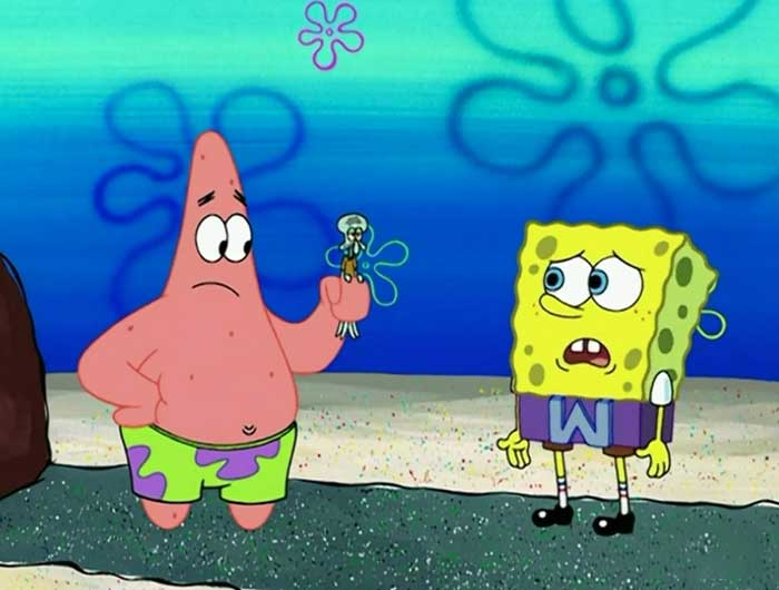 Patrick Star holding a tiny Squidward while SpongeBob looks disappointed in a scene from iconic SpongeBob quotes.