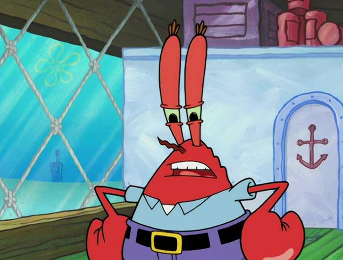 Mr. Krabs looking mad inside the Krusty Krab restaurant from iconic SpongeBob quotes and scenes.