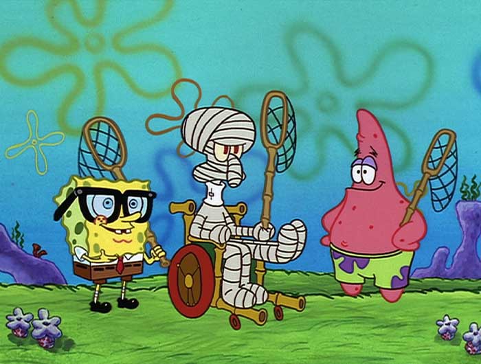 Squidward in full body cast in wheelchair catching jellyfish with SpongeBob and Patrick from iconic SpongeBob quotes episode