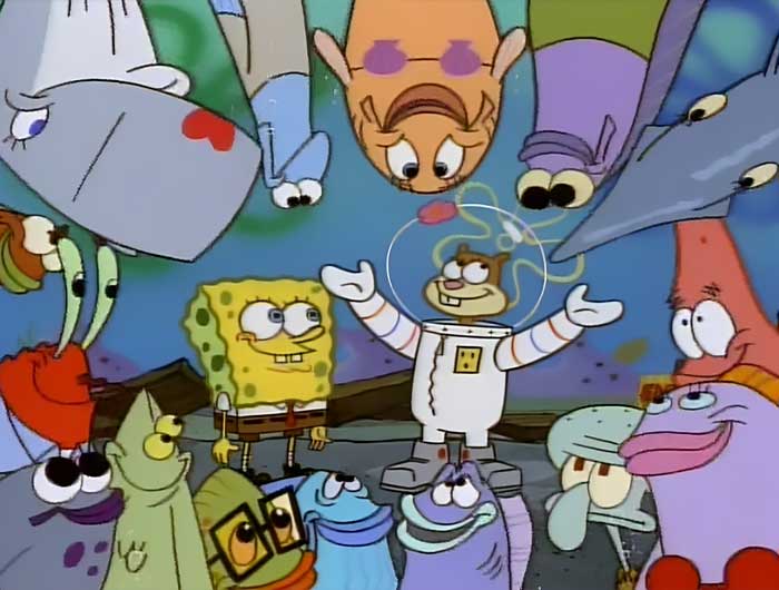 SpongeBob and Sandy Cheeks surrounded by colorful fish in an underwater scene featuring iconic SpongeBob quotes.