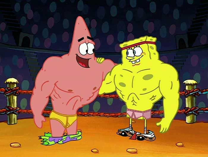 Buff SpongeBob and Buff Patrick hugging in a wrestling ring, showcasing iconic SpongeBob quotes characters in muscle form.