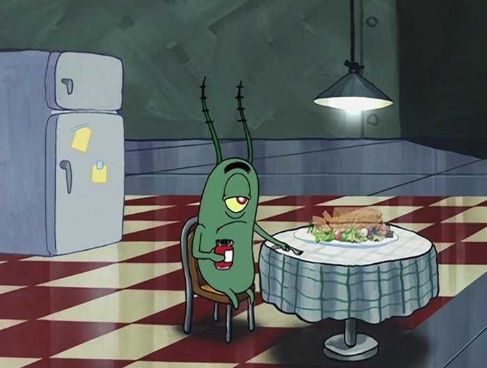 Sheldon J. Plankton looking depressed in kitchen next to holographic sandwich referencing iconic SpongeBob quotes.