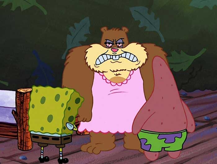 Sandy Cheeks angrily confronting SpongeBob and Patrick after waking from hibernation, a classic SpongeBob quotes moment.