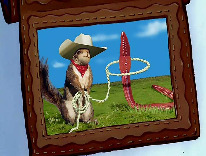 Sandy Cheeks wrangling a worm out of water in a cowboy hat and bandana, scene from iconic SpongeBob quotes.