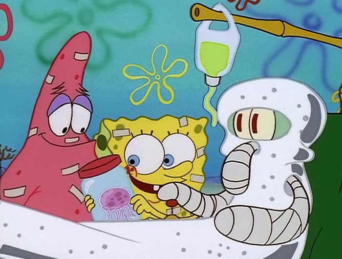 SpongeBob showing a jellyfish to a fully wrapped Squidward with Patrick nearby, capturing iconic SpongeBob quotes scene.