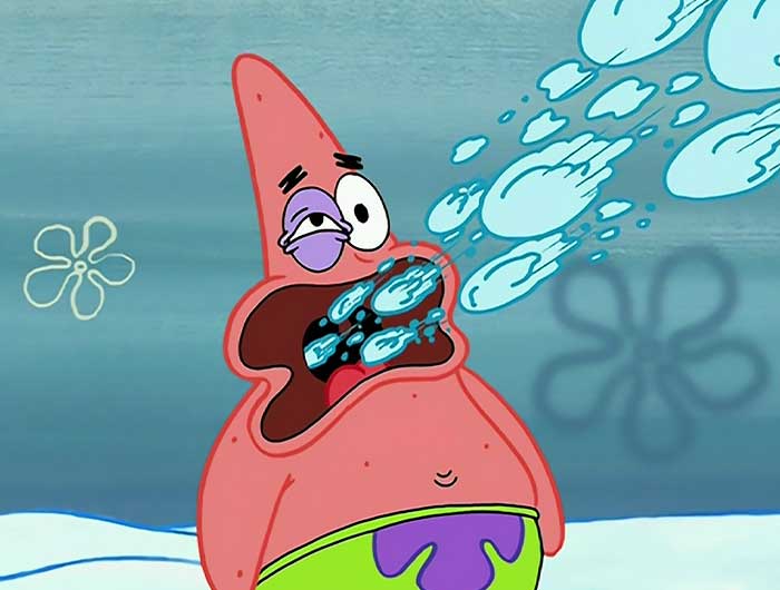 Patrick Star being hit with a blast of snowballs, a memorable moment from iconic SpongeBob quotes in the show.