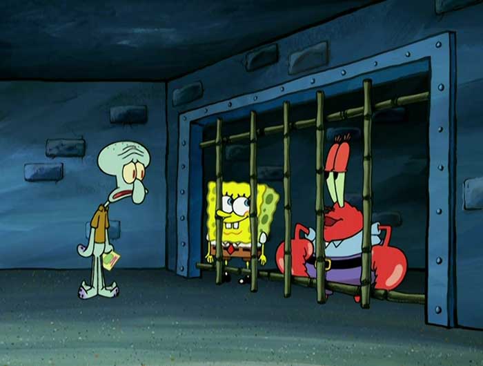 SpongeBob and Mr. Krabs behind bars talking to a worried Squidward in a dark underwater jail scene.