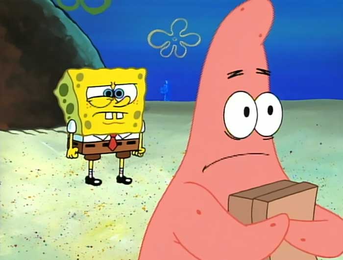 Patrick Star clutching a box with a worried expression while SpongeBob stands behind him in a SpongeBob quotes scene.