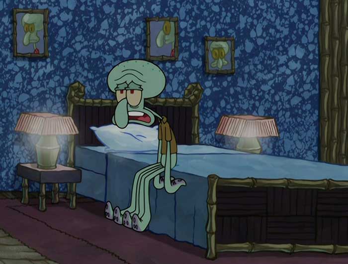 Squidward looking depressed sitting on his bed in a dimly lit room inspired by iconic SpongeBob quotes.