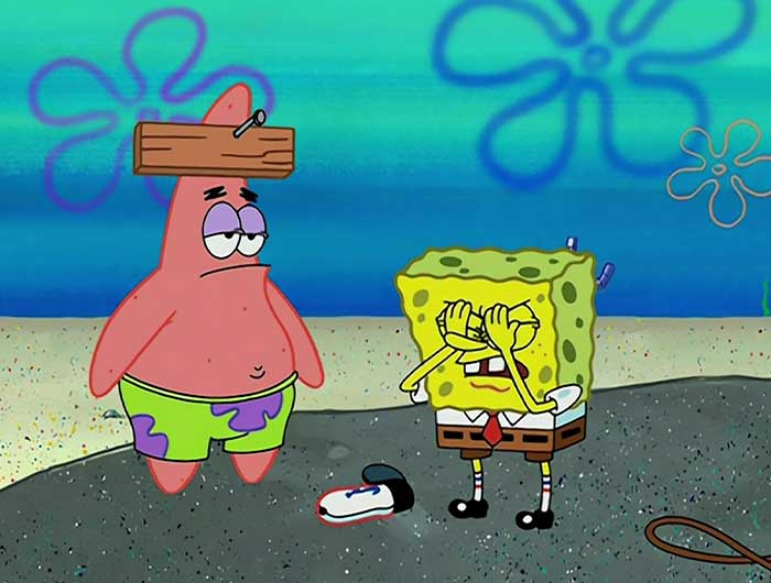 Patrick Star with a wooden board nailed to his forehead standing next to SpongeBob in a classic SpongeBob quotes scene.