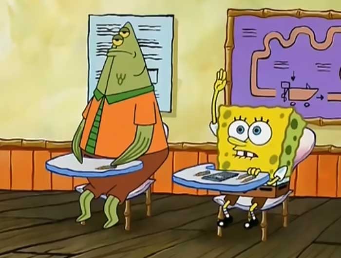 SpongeBob raising his hand eagerly in Mrs. Puff's driving class, a memorable scene from iconic SpongeBob quotes.