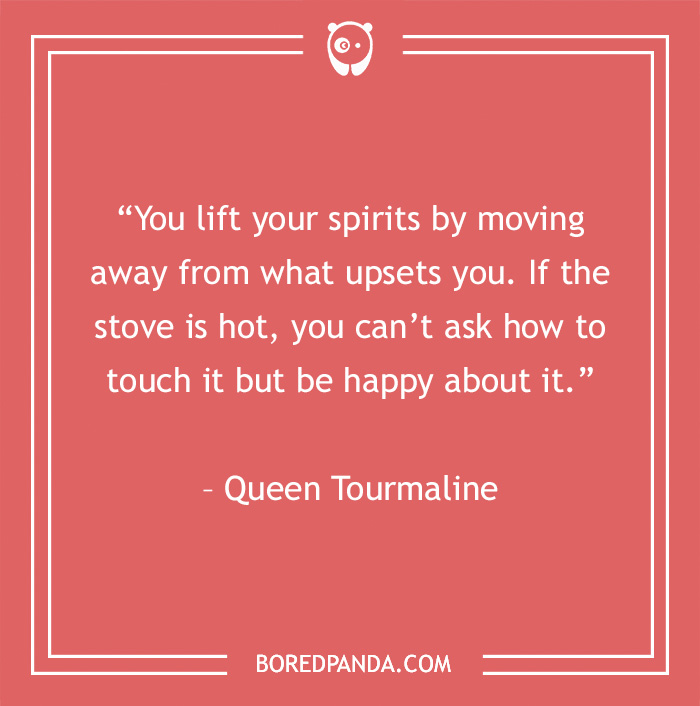 Quote about avoiding negativity by Queen Tourmaline on a red background, designed by BoredPanda.
