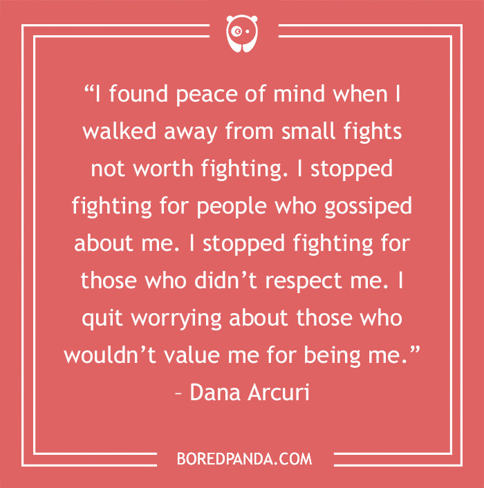 Quote about leaving toxic people for peace of mind by Dana Arcuri on a red background from Bored Panda.