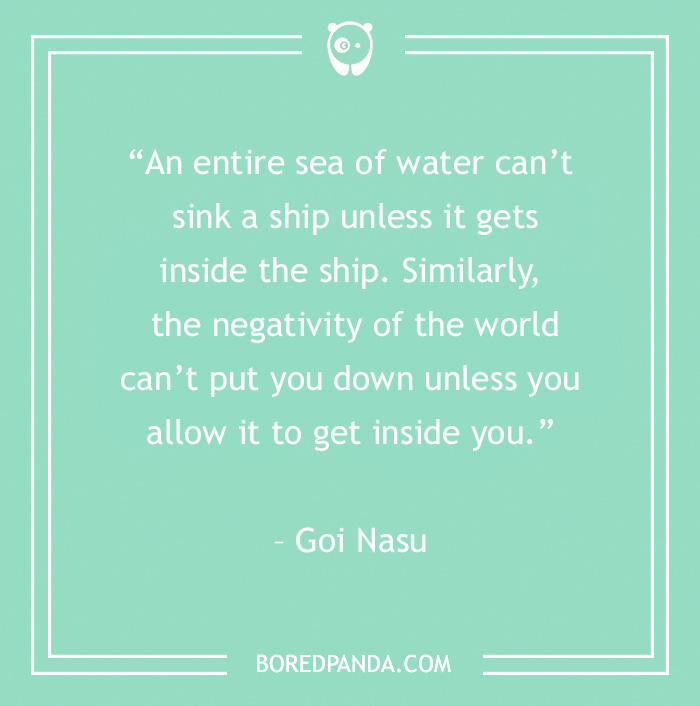 Quote about negativity by Goi Nasu on a light green background.