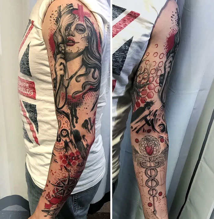 Arm with an intricate trash polka tattoo featuring a woman's face, abstract elements, and bold red and black patterns.