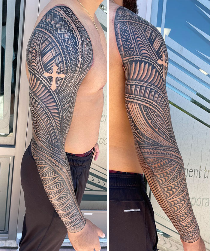 Man with intricate tribal sleeve tattoo design on arm viewed from side and back.