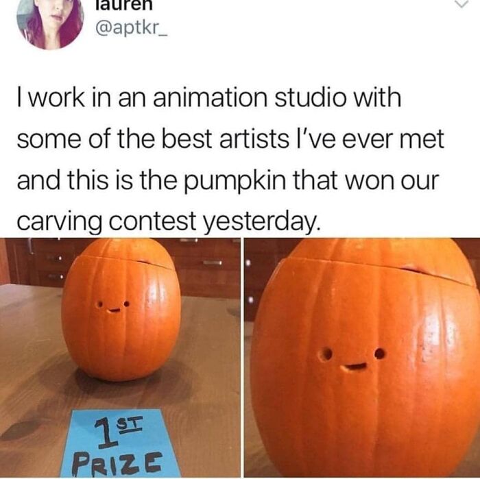 Cute carved pumpkin wins first prize in a humorous contest at an animation studio.