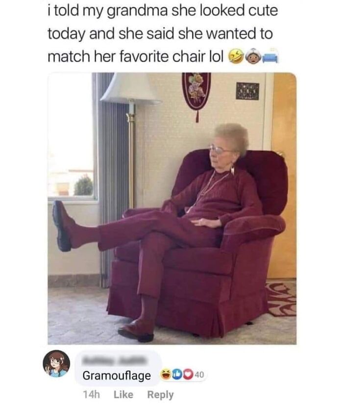 Elderly woman in matching red outfit and chair with a humorous caption about style.