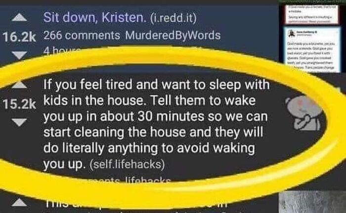 Funny pic with a humorous post about tricking kids into letting you nap by pretending to clean the house.