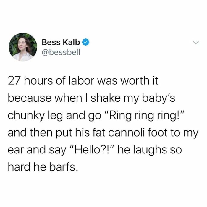 Funny tweet about a mother pretending her baby's leg is a phone, creating laughter.