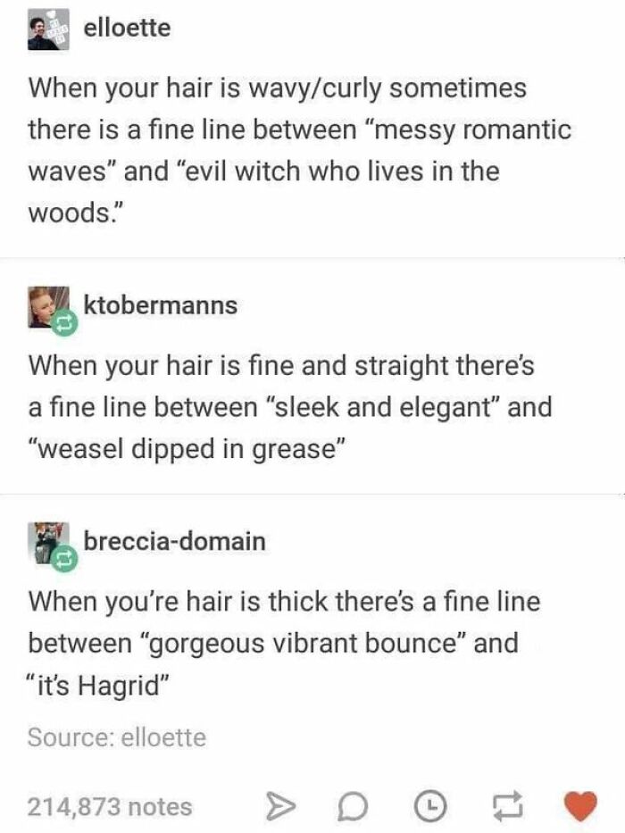 Funny text posts about hair types, including wavy, straight, and thick, with humorous comparisons.