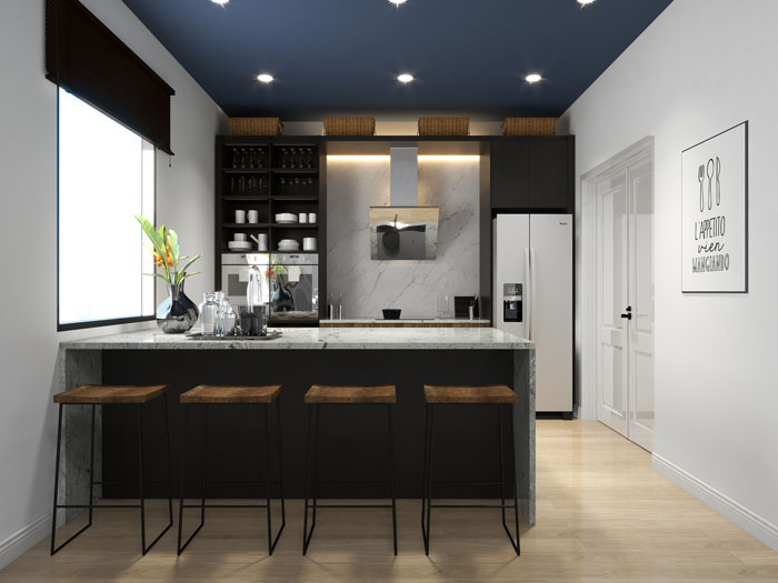 a kitchen with a single wall kitchen island and bar chairs a kitchen with a single wall kitchen island and bar chairs